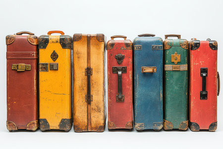 A collection of variously colored vintage suitcases are arranged in a line against a pristine white background. Each suitcase displays unique textures and details that hint at their travel stories.の素材