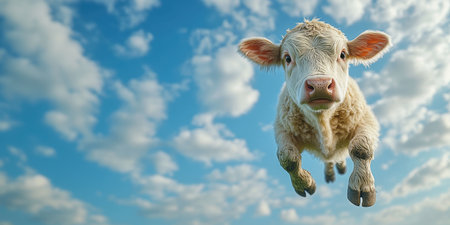 A surreal sights unfold as a cow appears to float in mid-air, surrounded by a vibrant sky filled with fluffy clouds. The scene captures a whimsical moment in natures expanse.の素材