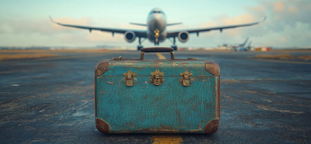 A blue travel suitcase rests on an airport runway, capturing the essence of travel while an airplane prepares for departure in the background, under soft natural light.の素材