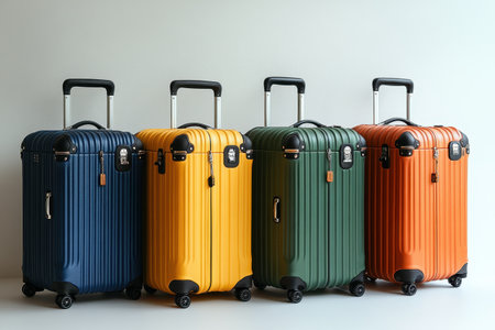 A collection of suitcases in various colors stands in a neat row against a white backdrop. The suitcases are designed for travel, showing modern style and functionality.の素材