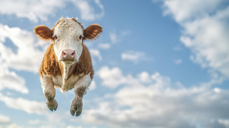 A realistic floating cow gracefully glides through a bright afternoon sky filled with fluffy clouds, creating a whimsical and surreal atmosphere over verdant landscapes.の素材