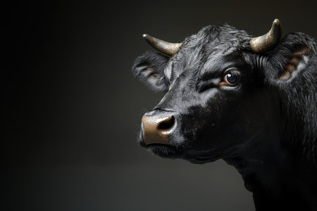 A cow is looking sideways with a playful expression, showing its shiny black coat and distinct features. The low light enhances the cows captivating gaze and charming demeanor.の素材