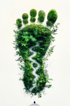A vibrant representation of green plants sprouting from a human footprint, illustrating the concept of a carbon footprint.の素材