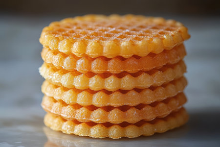 Close-up view of gourmet waffles stacked neatly, each exhibiting a golden hue and intricate texture. Perfect dessert choice for breakfast or brunch, inviting appetites and elevating mealtime.の素材