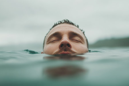 A mans hand and arm gently float above serene waters, surrounded by soft ripples. The calm atmosphere is complemented by pastel colors and a peaceful coastal view in the background.の素材