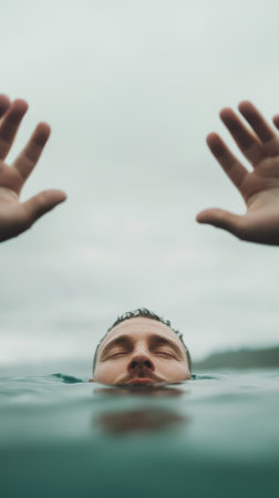 A mans hands and arms emerge above gentle waves, surrounded by soft tones and a tranquil coast. The peaceful moment invites relaxation and reflection under a blue sky.の素材