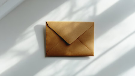 A yellow envelope is placed on a solid white background, illuminated by natural light. Soft shadows are cast, adding depth. It represents communication and anticipation in a minimalist setting.の素材