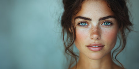 A woman with radiant skin and striking features gazes directly at the viewer. Her eyes are captivating, and she showcases natural beauty and confidence in a serene indoor setting.の素材