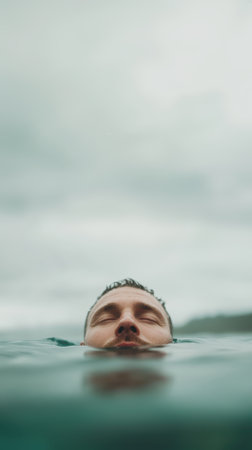 A mans hand gently floats above serene water, surrounded by delicate ripples. The soft tones of the sky and coast create a peaceful, minimalistic atmosphere that inspires calmness.の素材