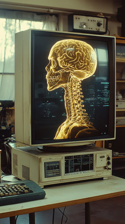 In a sterile white computer room, horrific mutant creatures are created from science fiction experiments on human brains.の素材