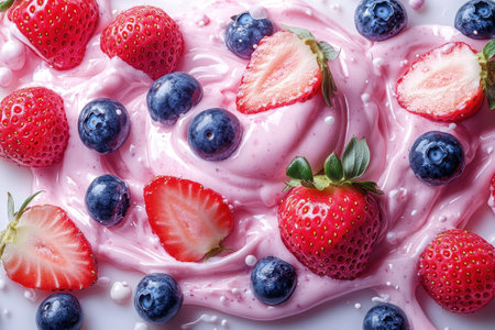 Fresh strawberries and blueberries elegantly fall into a swirling light pink yogurt, creating a captivating vortex. The arrangement showcases the fruits blending harmoniously into the creamy mixture.の素材