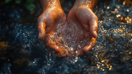 Two hands immerse in a crystal clear river, creating gentle ripples in the water. The tranquil setting captures a moment of connection with nature, illuminated by warm afternoon light.の素材