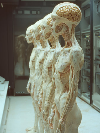 In a large, sterile computer room from 1969, horrific mutant creatures with exposed human brains stand in eerie silence, the results of unsettling scientific experiments on humanity.の素材