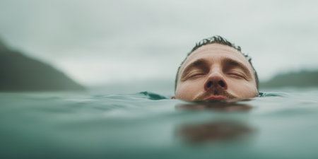 A mans hand and arm float elegantly above tranquil waters surrounded by soft ripples. The backdrop features a gentle coast under a blue sky, evoking a zen-like atmosphere.の素材