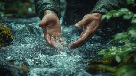 Gentle hands dip into the clear, flowing river as morning light filters through the trees. Ripples form around the fingers, reflecting the vibrant nature surrounding this tranquil moment.の素材