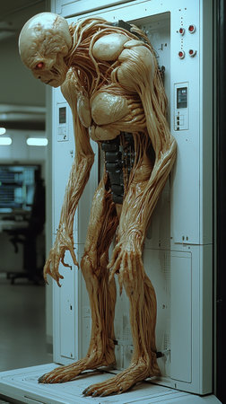 In a stark white computer room from 1969, horrifying mutant creatures emerge from experiments on human brains, showing the unsettling results of scientific endeavors gone wrong.の素材