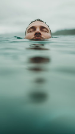 A person floats effortlessly in tranquil water, eyes closed, surrounded by a serene environment. The water reflects soft light and the gray clouds above create a peaceful atmosphere.の素材
