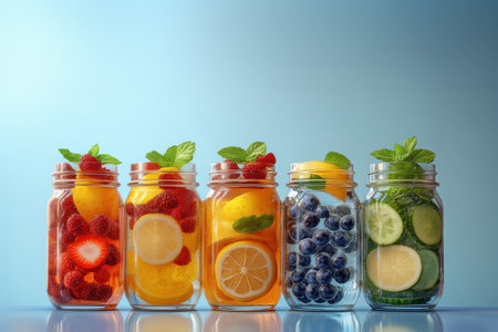 A collection of mason jars filled with sparkling water showcases various fruits and herbs. The jars include lemon, lime, berries, mint, and cucumber, all set on a pastel table.の素材
