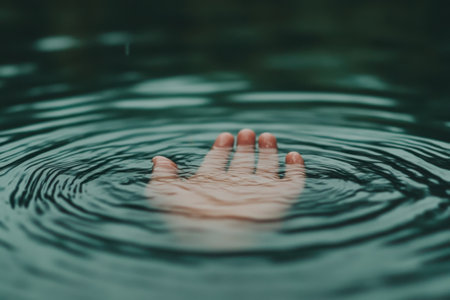A mans hand reaches above peaceful waters, creating gentle ripples that enhance tranquility. Soft tones of pastel colors blend with a blue sky and distant coast to evoke serenity.の素材