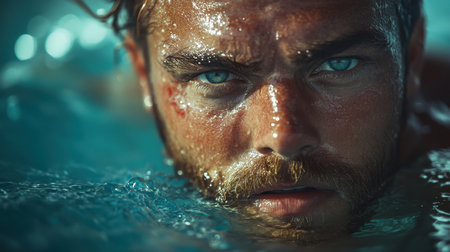 A diver is underwater, anxiously swimming away from a large shark, displaying fear and desperation. Bright light highlights the intense moment and his terrified expression.の素材