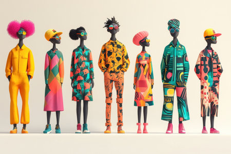 A group of quirky characters with geometric shapes and bright colors stands in unique poses. Their minimalist forms feature vibrant patterns, emphasizing a playful and modern aesthetic.の素材