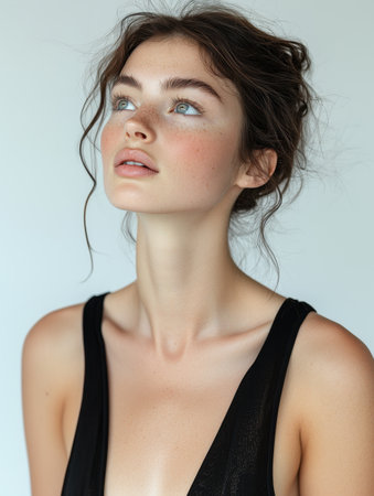 A 38-year-old woman gazes upward, her face showing natural lines and features. She wears a simple black dress, highlighting her expressive eyes and relaxed demeanor in a neutral setting.の素材