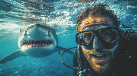A diver runs underwater with a terrified expression, chased by a large shark. His face shows fear as he swims fast through the clear blue sea water, experiencing a thrilling and dangerous moment.の素材
