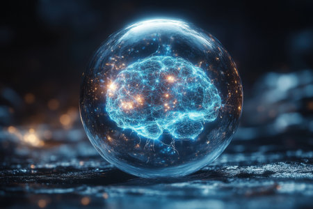 A flawless glass sphere floats in the depths of space, revealing a complex network of glowing neural connections.の素材
