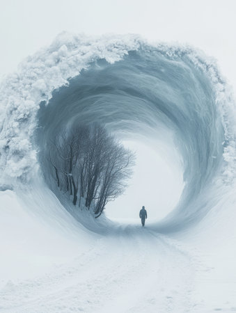 A man walks through a winter landscape where snow swirls like an ocean wave. Trees appear within the swirling snow, creating a surreal atmosphere under the falling snowflakes.の素材