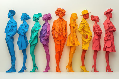 Colorful cutouts represent individuals from various backgrounds and ages, standing in diverse poses. This composition highlights the beauty of societal diversity against a soft pastel backdrop.の素材