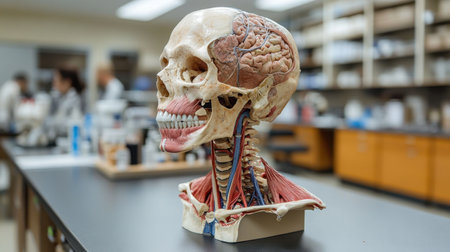 A detailed anatomical model of the human skull and neck muscles is displayed in a laboratory. The environment features cool tones and soft lighting, emphasizing the precise detailing of the subject.の素材