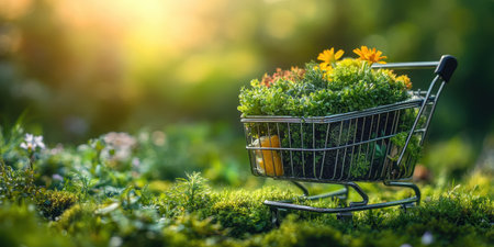A close-up view of a shopping cart filled with eco-friendly products, showing colorful plants and flowers.の素材