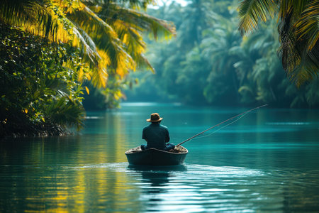 A young man sits in a small boat, fishing on a serene lake. Calm waters reflect the vibrant tropical plants and trees, creating a peaceful atmosphere on a sunny day.の素材
