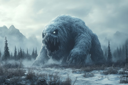 A giant monster covered in frost stands in a barren field, its piercing glowing eyes visible. Pine trees loom in the background, shrouded in mist, adding to the eerie atmosphere.の素材