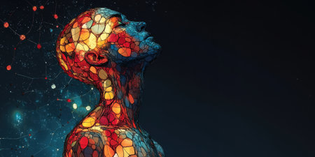 The artwork features a human-like figure emerging with a vibrant mosaic pattern, reflecting a mix of colors on a deep black background, evoking a sense of introspection and creativity.の素材