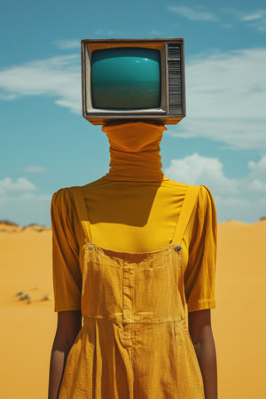A humanoid figure stands in a vast yellow sand desert, wearing overalls and a turtleneck. Instead of a head, an old television set displays a blue screen against a bright sky.の素材
