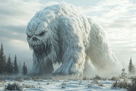 A gigantic, frozen monster stands menacingly in a field covered with frost. Pine trees are visible in the background, creating a cold, eerie atmosphere.の素材