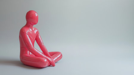 A pink inflatable male figure sits in a relaxed position against a smooth gray backdrop. The minimalist design emphasizes the playful aesthetics of the artwork.の素材