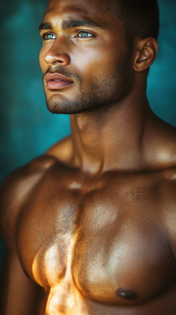 Focus on a mans neck and torso reveals his healthy, glowing skin under bright lighting. The strong physique is emphasized by the light, creating a striking visual impact.の素材