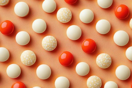Various pills in shades of orange and beige are arranged neatly on a light textured background. The vibrant colors create a visually appealing pattern that draws attention to the different shapes.の素材