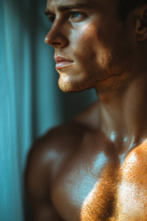 A close up shows the neck and torso of a man with healthy glowing skin. Soft light highlights the contours, emphasizing the defined features and natural texture.の素材
