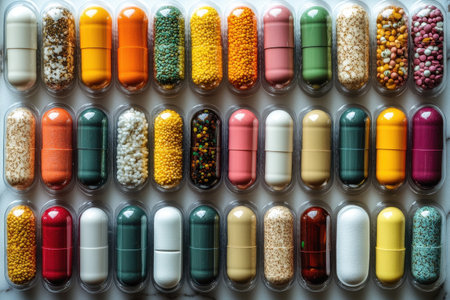 Rows of assorted pills and capsules display a vibrant range of colors against a clean white background. The text pharmacy technician is visible among the pharmaceutical items.の素材