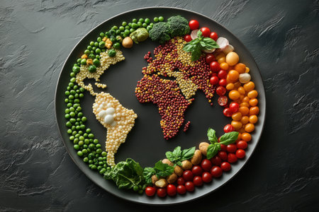 A dinner plate displays a vibrant arrangement of various ingredients shaped like the continents of Earth. Colorful vegetables and grains form a striking representation of global geography.の素材