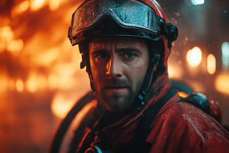 A firefighter confronts fierce flames, showcasing bravery and determination in a challenging situation. The setting is engulfed in fire, emphasizing the urgency and danger of the moment.の素材