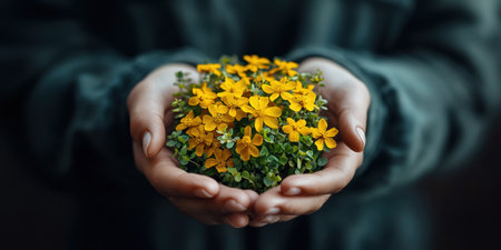 Two hands cradle a cluster of bright yellow flowers, emphasizing the beauty of nature and the importance of nurturing ecosystems for a sustainable future.の素材