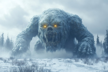 A monster covered in ice looms in a frozen field. Pine trees rise in the background under an overcast sky, creating an eerie atmosphere. Ice crystals shimmer on the ground around the creature.の素材