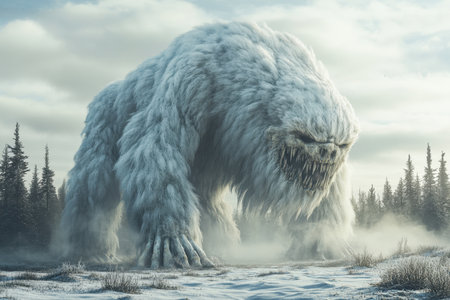 A colossal frozen creature looms in a snowy landscape, its fur covered in frost. Pine trees rise in the background as a chill permeates the air, capturing the stillness of winter.の素材