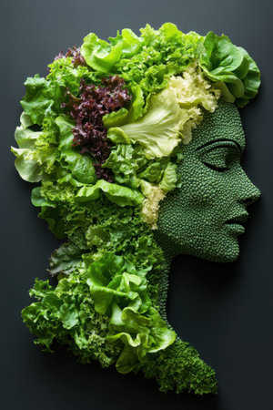A unique sculpture showcases a male head silhouette crafted entirely from various types of lettuce. The greens are meticulously arranged to form facial features, adding depth and texture.の素材