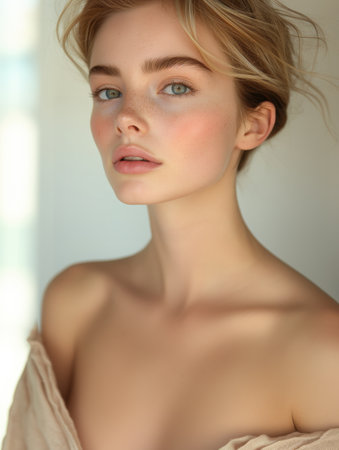 A model is highlighted with soft lighting, emphasizing her neck and hairless skin. She poses confidently in a beige dress, creating a serene and elegant atmosphere.の素材