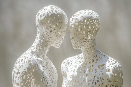 Two abstract sculptures stand side by side, one intricately filled with letters while the other remains completely white. The seamless white background emphasizes their forms and dialogue.の素材
